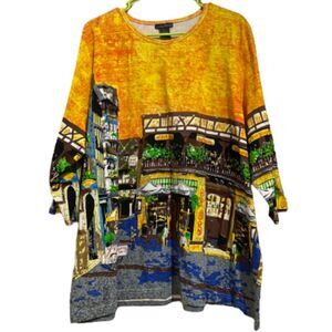WOMEN’s ORANGE MULTI “CITY IN FRANCE” PAINTING-INSPIRED PRINT SHIRT Sz-3X